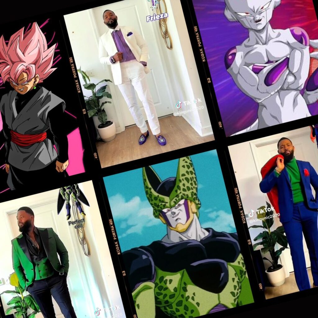 Homem elegante com roupas inspiradas em vilões de Dragon Ball