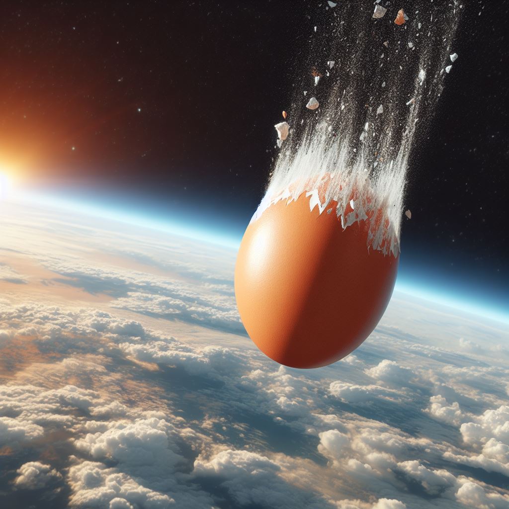 Imagem de um Ovo caindo do espaço - Drop Egg from space. Gerada por inteligência artificial do bing.com