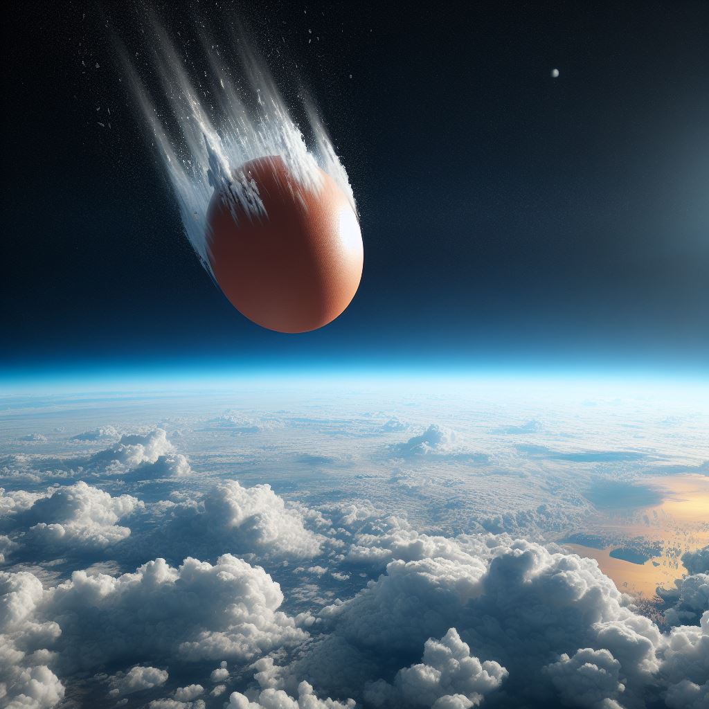Imagem de um Ovo caindo do espaço - Drop Egg from space. Gerada por inteligência artificial do bing.com