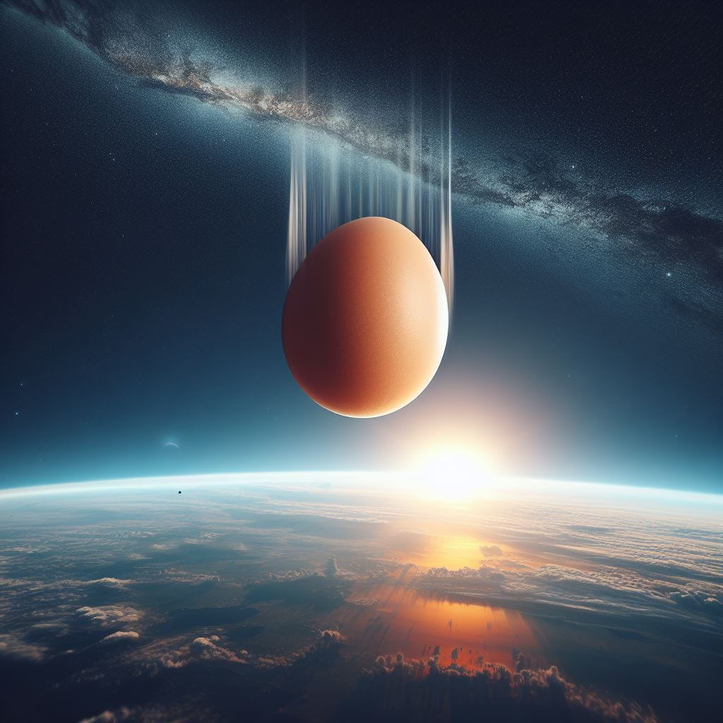 Imagem de um Ovo caindo do espaço - Drop Egg from space. Gerada por inteligência artificial do bing.com