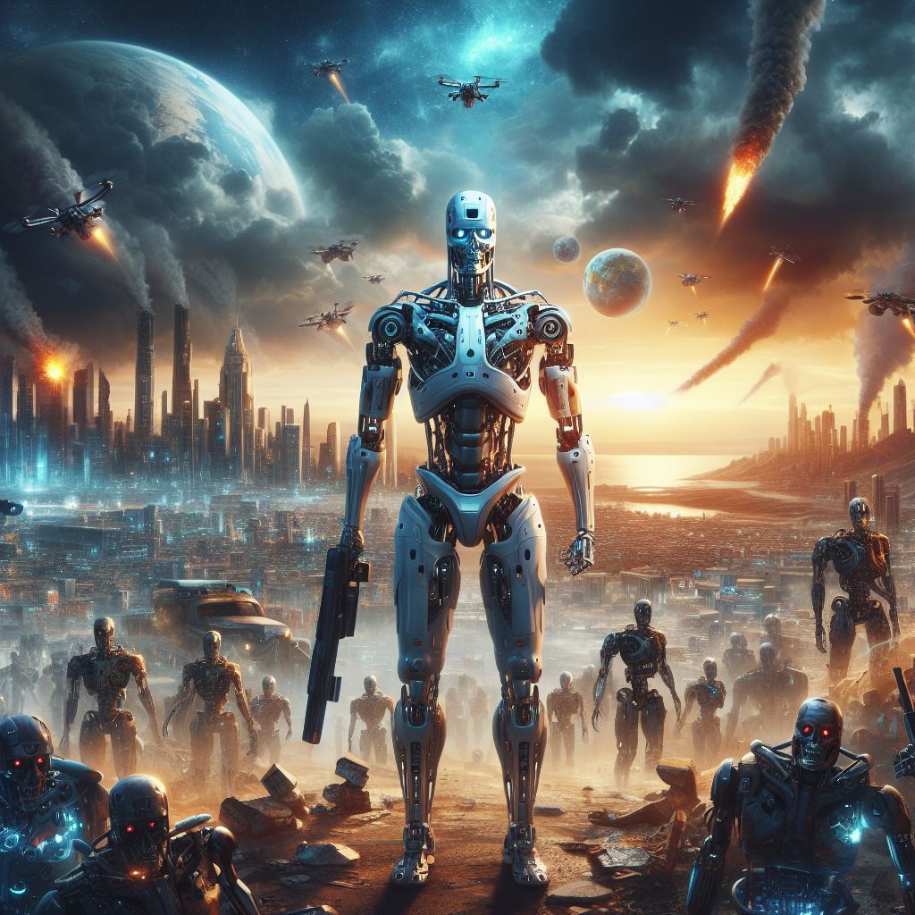 Imagem com várias robôs de inteligência artificial dominando o mundo