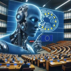 Imagem gerada com o uso de Inteligência Artificial do Microsoft Designer mostrando o Parlamento Europeu com uma IA