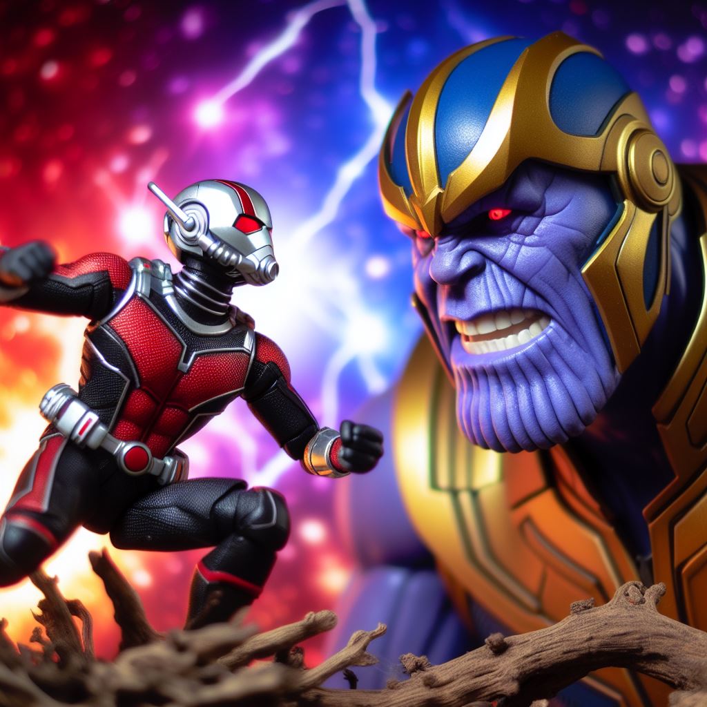 Imagem do Homem Formiga encarando o Thanos em um combate feroz
